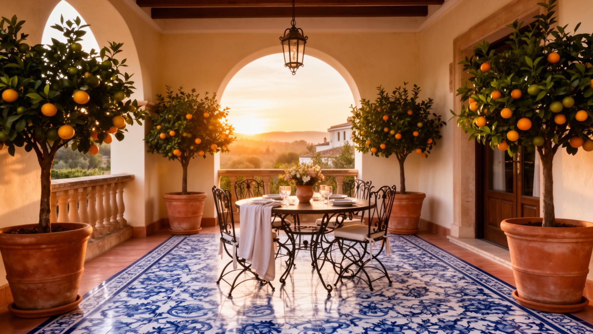 Elegant Spanish villa terrace with azulejo tiles and citrus trees at golden hour